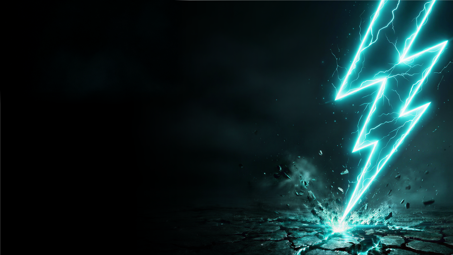 A cyan lightning bolt striking into cracked ground, glowing against a deep black background